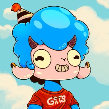 A cartoon illustration features a smiling blue-haired character wearing a red shirt with 'GXB' written on it, holding up a party hat against a sky background.