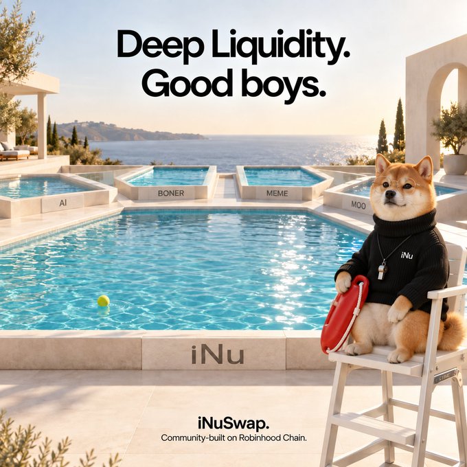 A Shiba Inu dog wearing an "iNu" sweater sits poolside holding a red floatie, with the tagline "Deep Liquidity. Good boys." and "iNuSwap. Community-built on Robinhood Chain." The image cleverly ties into the post by visually promoting the $iNu/$BONER liquidity pool, using the dog mascot to reinforce the "Good boys" branding while highlighting the "Deep Liquidity" offered by the swap.