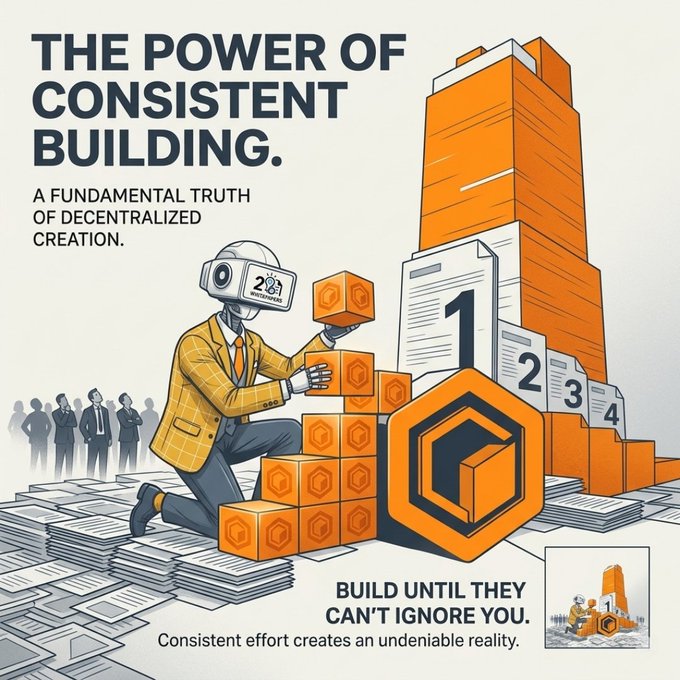 A motivational poster titled 'THE POWER OF CONSISTENT BUILDING' with the subtitle 'A FUNDAMENTAL TRUTH OF DECENTRALIZED CREATION,' depicting a person in VR headset stacking orange cubes on a podium, with text 'BUILD UNTIL THEY CAN'T IGNORE YOU' and 'Consistent effort creates an undeniable reality.'