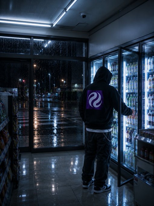 The image shows a person wearing a black hoodie standing inside an ice cream shop or convenience store with a cooler full of drinks behind them. They are reaching into one of the coolers, possibly selecting their preferred beverage from the available options. The focus on this individual and their interaction with the cooler suggests that they might be making a choice based on what is currently stocked in the cooler. This scene could be related to the post about @injective or another topic involving the popularity of certain products or trends at different times, as it captures an everyday moment where someone is selecting from a selection of drinks available for purchase.