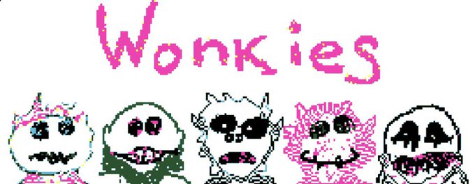 The image displays the title "Wonkies" in bright pink pixelated text at the top, with five unique pixel art characters lined up below featuring various quirky designs with eyes, horns, and colorful details in pink, black, green, and white. This serves as a vibrant visual introduction to the Wonkies fully onchain pixel art NFT collection, showcasing the distinctive community-co-created character style of the project.