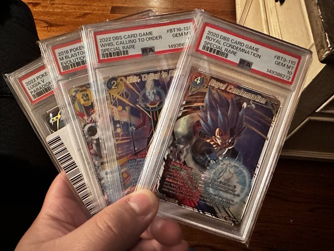 A person holds four PSA-graded Dragon Ball Super Card Game cards, including a 2020 DBS Card Game Royal Condemnation #BT9-110 Special Rare (GEM MT 10) and a 2022 DBS Card Game Whis, Calling to Order Special Rare, illustrating the post about ripping DBS Card Game packs on Solflare and shipping them via Collector Crypt.