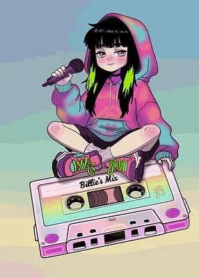 Pixel art illustration of a girl with black and green hair wearing a pink and purple hoodie, holding a microphone and sitting on a giant rainbow cassette tape labeled 'Billie's Mix'.