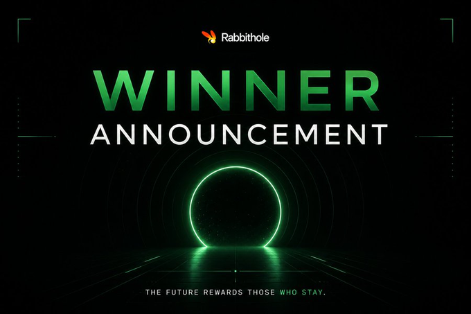 The image displays a "Winner Announcement" graphic by RabbitHole, featuring a glowing green circular portal design on a black background with the tagline "THE FUTURE REWARDS THOSE WHO STAY." It visually celebrates the user's unexpected prize win, tying into the post about earning 1000U through the RabbitHole event and the platform's monthly 5,000 USDC giveaway.