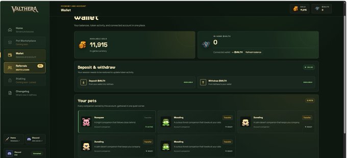 Screenshot of the Valthera Wallet dashboard showing a balance of 11,915 tokens and 0 BNB, with sections for deposit, withdraw, and pet transactions.