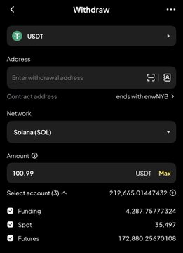 A mobile crypto withdrawal screen showing a $100.99 USDT withdrawal being prepared on the Solana (SOL) network, illustrating the giveaway from the post where the user plans to send small SOL amounts to commenters who share their wallet addresses.