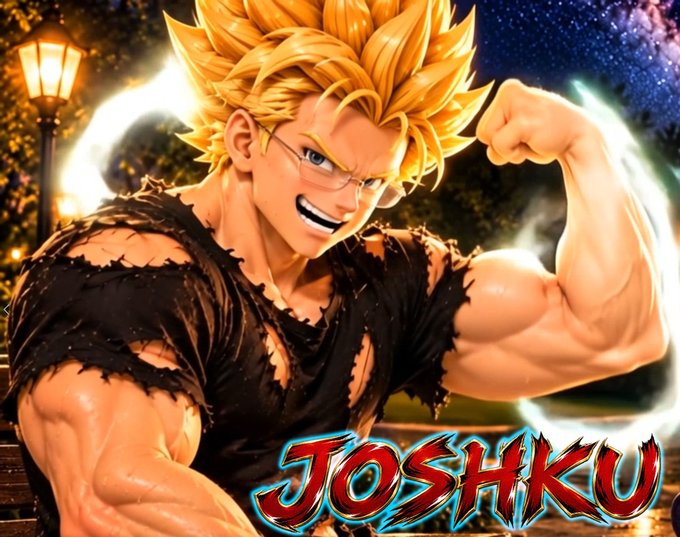A vibrant illustration of a muscular anime-style character with spiky blonde hair flexing his bicep, with the stylized text 'JOSHKU' at the bottom.