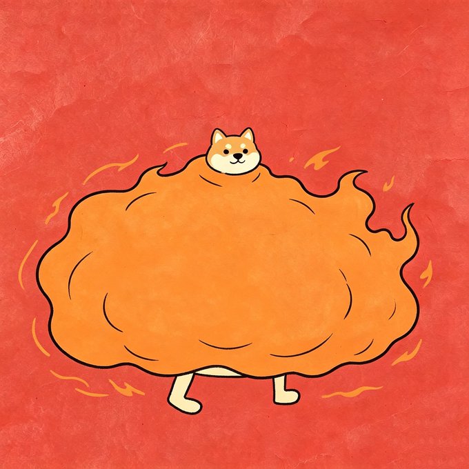 A cartoon Shiba Inu with a small visible head peeking out from a massive, billowing orange flame cloud—styled like a burning, fluffy body—stands on two small legs against a red background, humorously visualizing the "ever-walking fire" meme tied to $SHIB and the ShibArmy crypto community.