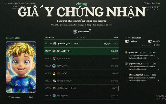 A Vietnamese-language "GIẢ ‘Y CHỨNG NHẬN" (Certificate of Proof) airdrop leaderboard from @Lez9o788, with @Lez9o788 at #1 with 16,498 points, plus an anime-style character avatar on the left.