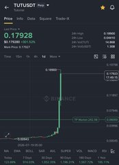 A Binance trading chart for the TUT/USDT pair on TuTuSOT shows the token's price at 0.17928 with a massive 17.09% gain, illustrating the volatile swing that led to the poster's $38,000 profit on their short trade.