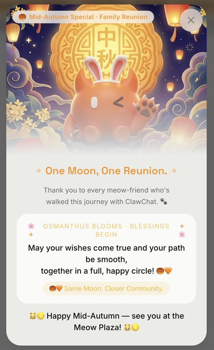 A Mid-Autumn Festival promotional pop-up for ClawChat featuring a cute orange bunny character with Chinese characters, text reading 'One Moon, One Reunion' and a message wishing users a 'Happy Mid-Autumn.'