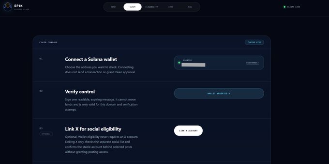 The image shows a "Claim" page for the EPIK airdrop, detailing a three-step process: connecting a Solana wallet, signing a message, and claiming EPIK tokens, along with a requirement to complete X verification before claiming. The page confirms the air drop is live, matching the post's announcement directing users to educkcoin.com to claim.