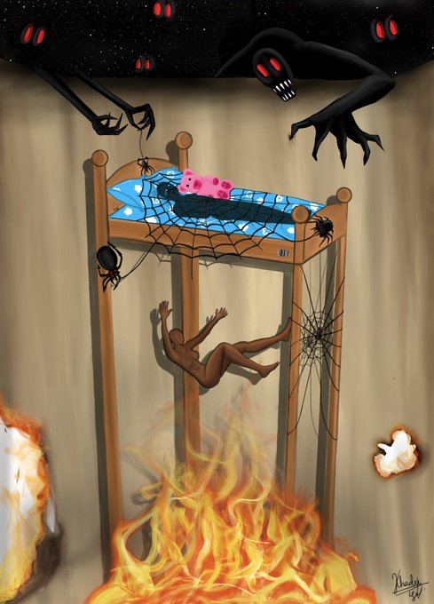 A dark, surreal digital illustration depicting a figure trapped in a web-covered bed above flames while shadowy creatures with glowing red eyes and sharp teeth loom above; signed 'Nicky '24' in the corner.