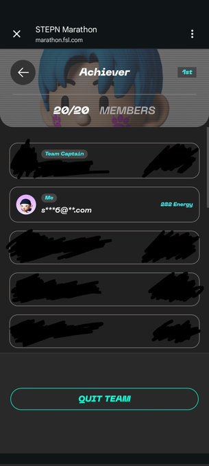 The image shows a phone screen with a list of achievements displayed, including "Achiever" and "Team Member". The text also mentions that there are two teams participating in a marathon challenge. The background color of the image appears to be black, but the focus is on the achievements and the teams involved.