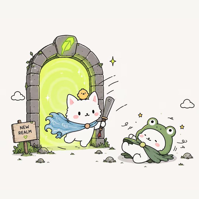 A cute illustration featuring two cats dressed in fantasy costumes. A white cat wearing a blue cape and carrying a sword and a chick on its head walks out of a glowing green portal labeled "NEW REALM", while a cat in a frog hood sits nearby.
