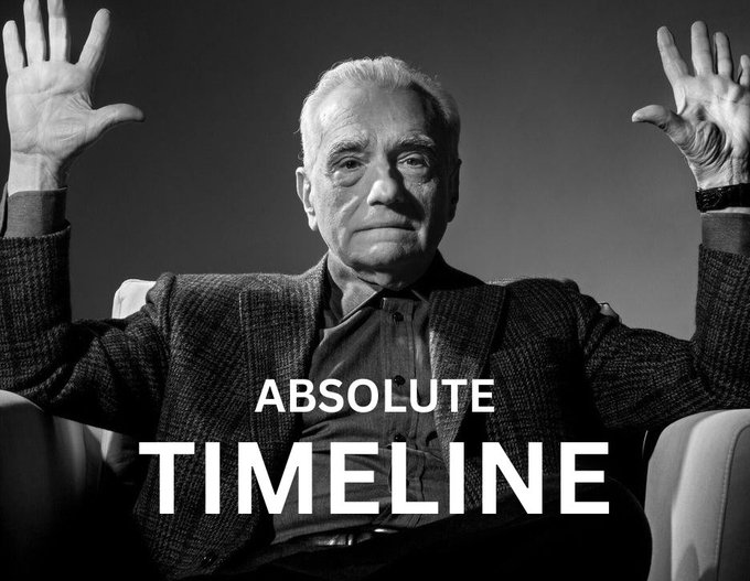 A black-and-white promotional poster featuring director Martin Scorsese with his hands raised, with the text 'ABSOLUTE TIMELINE' displayed across the bottom.