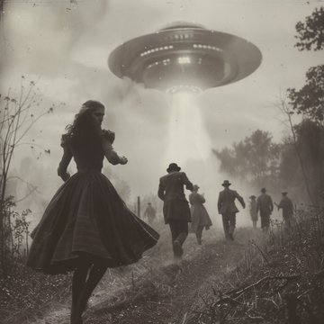 A black-and-white vintage-style photograph depicts a UFO beaming light down onto a field where people in old-fashioned clothing are running, with a woman in a dress in the foreground watching the scene.