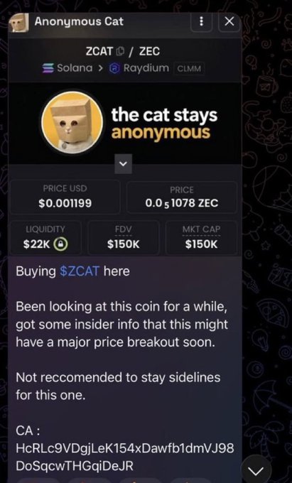 A dark-themed mobile app screen displaying the "Anonymous Cat" (ZCAT/ZEC) token on Solana→Raydium (CLMM), showing a price of $0.001199 (0.000001078 ZEC), $22K liquidity, $150K FDV, and a contract address beginning "HcRLc9VDgJLeK154xDawfb1dmVJ98DoSqcwTHGqjDeJR".