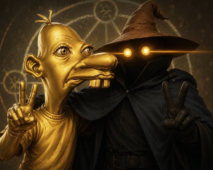 A golden statue of a goofy, long-nosed character stands beside a cloaked wizard figure with glowing yellow eyes peering from beneath a pointed hat, both flashing peace signs. The statue's exaggerated, dollar-sign-like features humorously play on the "neegy" caption, suggesting a tightfused friend who's "cheap" or loves money.