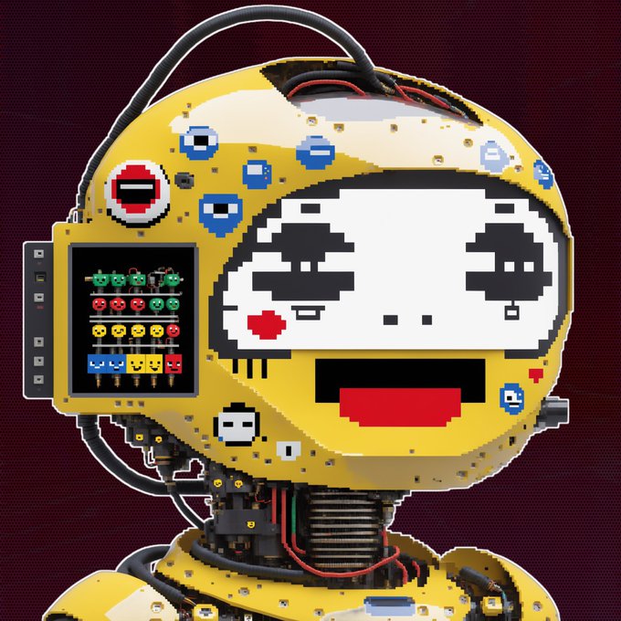 A 3D-rendered robot character with a yellow metallic body and a pixel-art style face showing blushing cheeks and a wide smile.