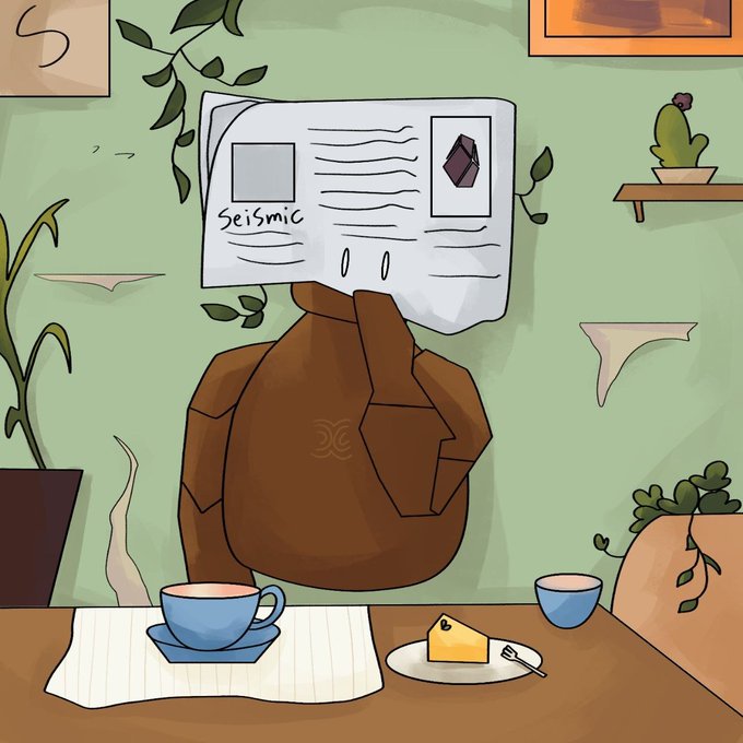 An illustration of a brown figure with a newspaper for a head, labeled 'Seismic,' sitting at a table with a blue coffee cup, cheese, and a small blue bowl, surrounded by houseplants.