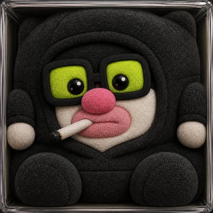 A dark gray plush toy resembling the cartoon character Spongebob is shown smoking a cigarette, wearing black-framed glasses, with pink lips and a pink nose.