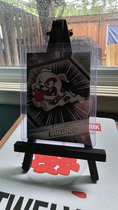 A holographic 'Dog Tag' Bulldog trading card featuring a cartoon French Bulldog is displayed in a clear protective case on a black easel, with 'VF' and '105' visible on the card.