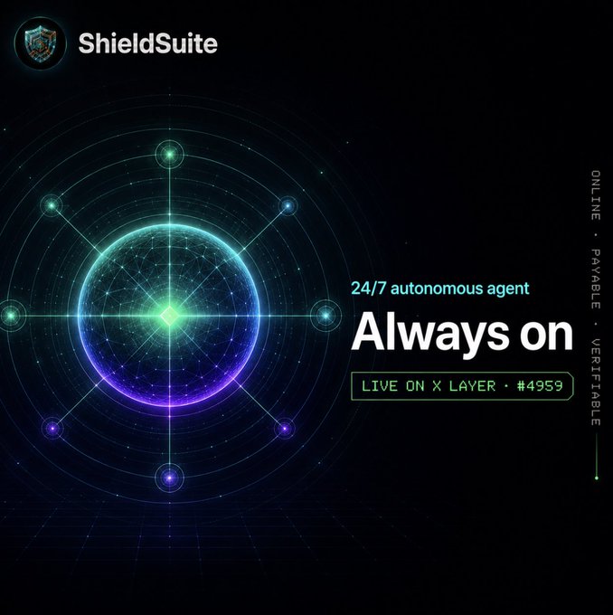 The image promotes ShieldSuite, a 24/7 autonomous agent labeled "Always on" that is live on X Layer as agent #4959. It features a futuristic glowing green and blue spherical network design, with vertical text on the right reading "ONLINE • PAYABLE • VERIFIABLE" — visually reinforcing the post's message about an always-active, reliable onchain security and settlement agent operating without interruption.
