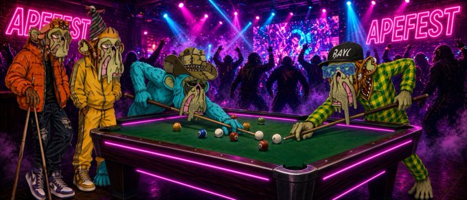 An illustration shows four Bored Ape-style characters playing pool at a table in a nightclub, with pink neon signs reading "APEFEST" in the background.