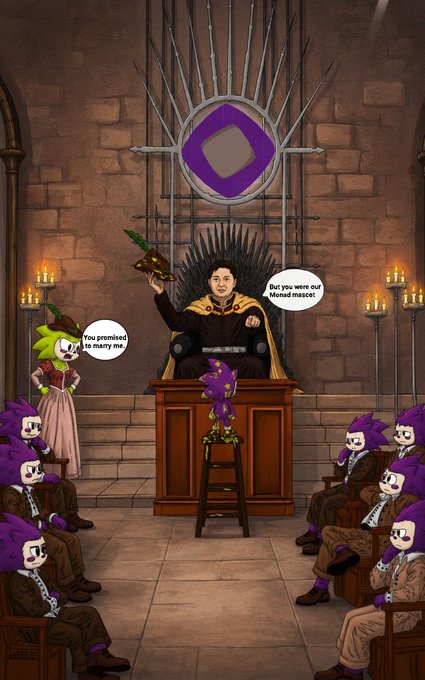 A cartoon scene depicting a character dressed as Judge Mortis from Mortal Kombat sitting on a throne with swords behind him, presiding over a court of purple-clad Klasky Ciapo characters, while someone declares he was promised marriage.