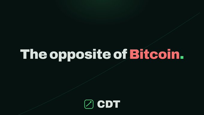 The image features a black background with white text that reads "The opposite of Bitcoin." Below this, there's an explanation about a concept called "Carbon Data Tokens" or CDT. The text also includes a green checkmark symbolizing the website "CDT".