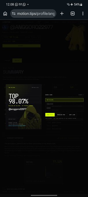 A dark-themed mobile website screenshot for 'motion.tips/profile/ang' showing a user profile for @ANGGORO22977 with a 'TOP 98.07%' badge.