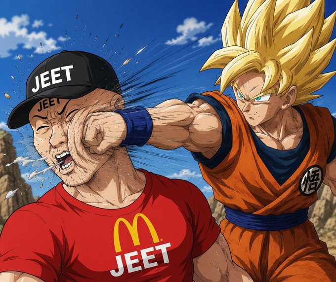 The image features a man wearing a red shirt with "JET" written on it, who appears to be fighting another character in a cartoon style. The character he's fighting has his mouth open wide as if he's shouting or roaring at the man. The background of the image is blue and cloudy skies, which adds to the overall atmosphere of the scene. The caption for this image reads: "$GOKU".