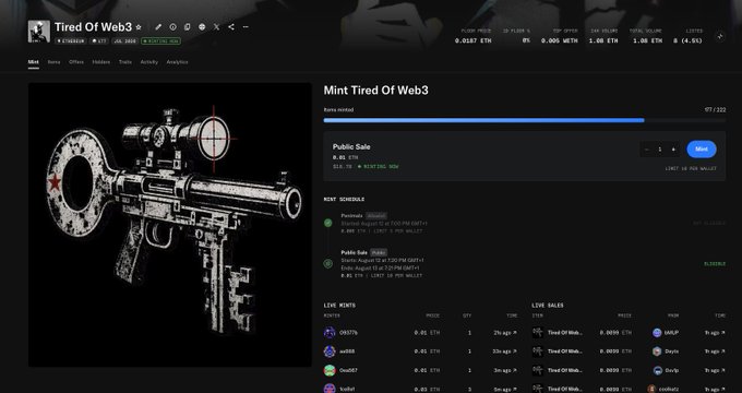 Screenshot of a NFT marketplace page titled 'Tired Of Web3' showing a pixelated gun graphic, a 'Mint Tired Of Web3' section at 0.05 ETH, and activity stats including 8.6 ETH 24h volume.