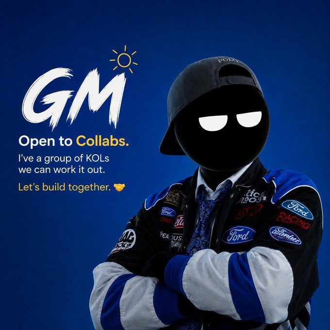 Collaboration advertisement featuring a stylized figure in a Ford Racing jacket and cap with text 'GM Open to Collabs. I've a group of KOLs we can work it out. Let's build together. 🤝'.
