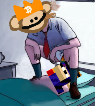 A cartoon illustration showing an ape character wearing a Bitcoin hat emerging from between someone's legs, with a small, blocky character standing on the floor below.