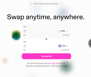 The image shows a computer screen displaying an advertisement for a cryptocurrency called eth. The advertisement features a pink button with white text that says "Swap anywhere, anytime." Below this button, there are two options: "Sell" and "Buy." The website also provides information about how to buy and sell eth tokens using the app.