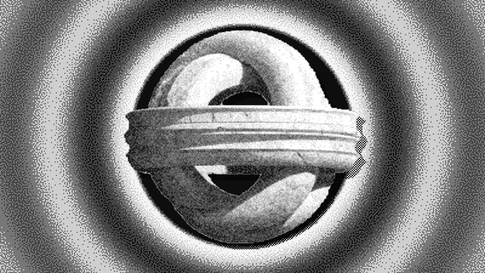 A black and white halftone-style graphic featuring a wrapped object with arms crossed inside a circular frame with radiating rings.