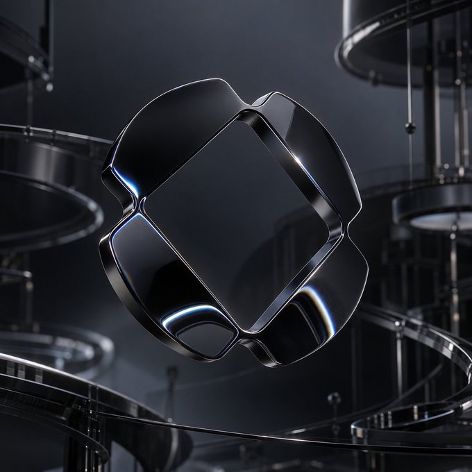 A sleek, black glossy 3D geometric logo floats in a dark industrial setting with metallic circular structures.