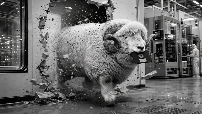 A dramatic black-and-white photo of a massive ram with curved horns charging through a shattered glass wall inside what appears to be an industrial facility or factory.