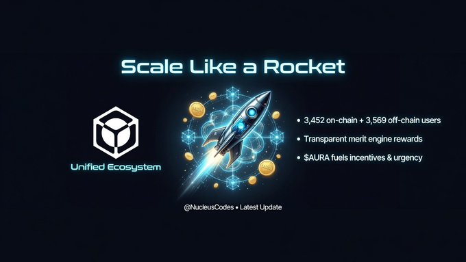 A dark promotional graphic titled 'Scale Like a Rocket' features a rocket ship illustration alongside the 'Unified Ecosystem' logo, advertising 7,021 total users, transparent merit engine rewards, and $AURA tokens. The bottom credits read '@NucleusCodes • Latest Update'.