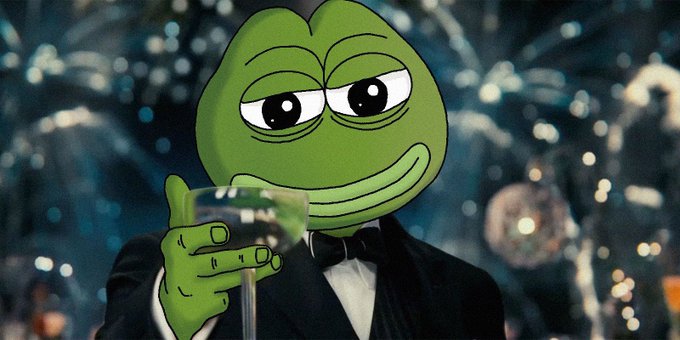 The Pepe the Frog meme character, dressed in a tuxedo, holds a glass of white wine against a festive background.
