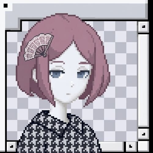 A pixel art avatar of a girl with short pink hair, a decorative fan hair clip, and a houndstooth-patterned top, styled like a profile picture for a Hoodlust NFT giveaway.