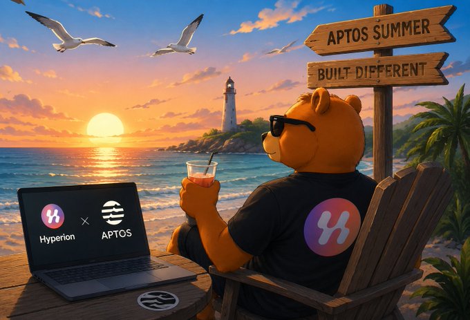 A cartoon bear wearing sunglasses sits in a beach chair holding a drink next to a laptop displaying 'Hyperion' and 'APTOS' logos, with a wooden sign reading 'APTOS SUMMER BUILT DIFFERENT'.