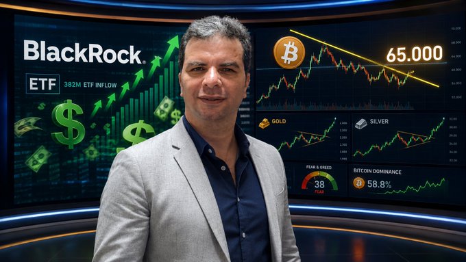 A man in a gray blazer stands in front of multiple financial screens displaying BlackRock ETF data showing $382M inflow, Bitcoin near $65,000 with a downward trend, and other market indicators including gold, silver, and a fear & greed index of 38. The bold bullish emoji overlay on the ETF inflow graphic visually reinforces the post's message about a potential critical breakout for Bitcoin, suggesting market sentiment could shift dramatically if resistance is broken.