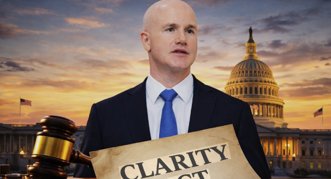 A bald man in a dark suit and blue tie holds a document labeled "CLARITY" in front of the U.S. Capitol building, with a judicial gavel in the foreground. The image visually reinforces the post's news about Coinbase conceding the fight for the Clarity Act, symbolizing the legal and legislative battle over U.S. crypto regulation.