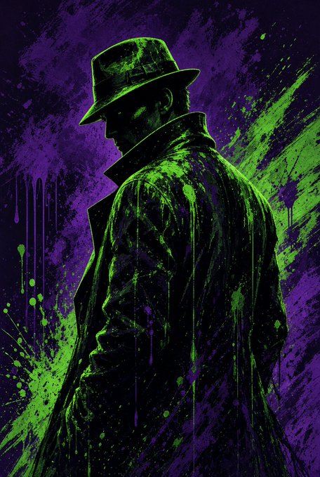 A stylized artwork features the dark silhouette of a man in a fedora and trench coat against a vibrant purple and green paint-splatter background.