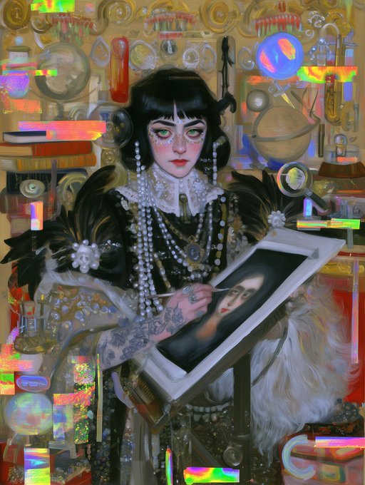 A detailed digital painting of a gothic-styled woman with short black hair, elaborate pearl jewelry, and feathered shoulders, holding a stylus and drawing on a tablet that displays a portrait, surrounded by shelves filled with books and iridescent holographic objects.