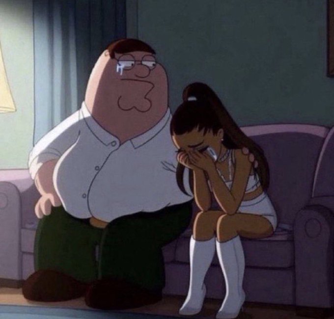 Peter Griffin from *Family Guy* cries on the couch while comforting a sobbing woman, perfectly matching the humor of a man confessing a devastating financial loss—here, wiping away tears after losing the family's net worth on memecoins.