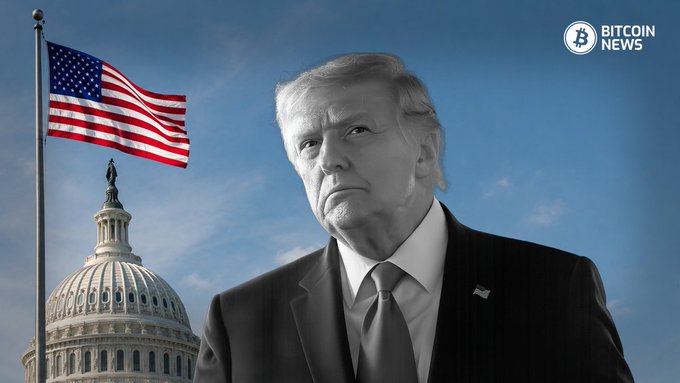 The image shows a black-and-white photo of Donald Trump in a suit beside an American flag and the U.S. Capitol building, with "BITCOIN NEWS" watermarked in the corner—visually tying his political identity to the news of regulators conditionally approving a national trust bank charter for World Liberty Trust Co., the Trump-linked crypto venture.
